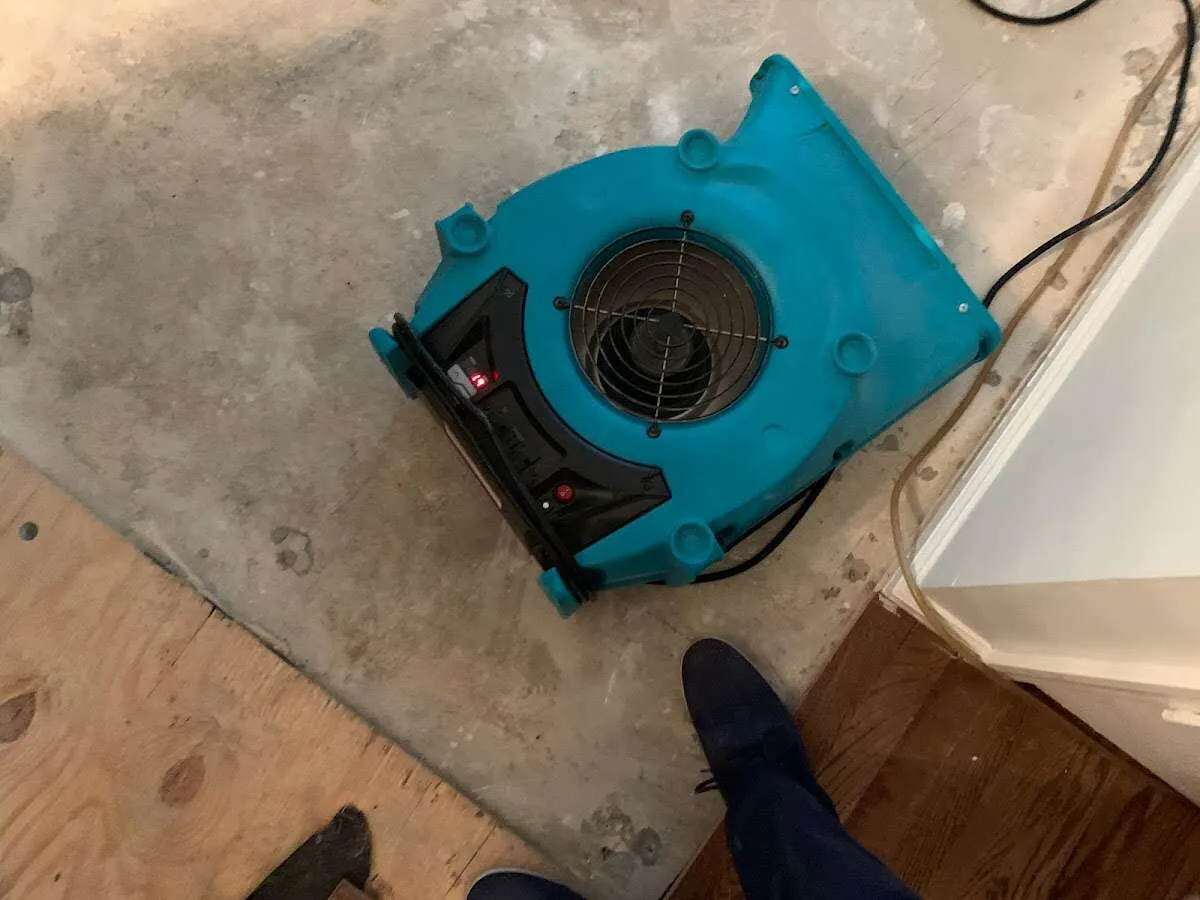 Air mover drying subfloor during Leak Detection & Repair in Cliffside Park